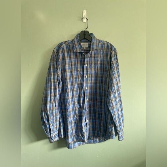 Ledbury Fine Shirting Blue Plaid L/S Button Front Top Shirt Mens Medium 16’’ - Picture 1 of 4